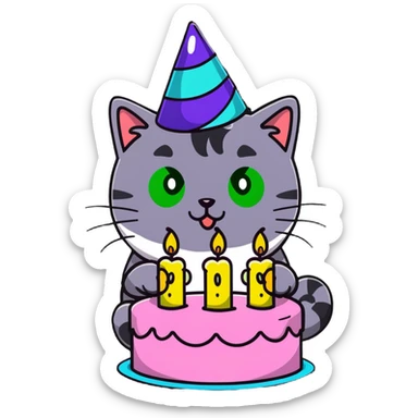 tricolor fluffy cat with big green eyes celebrating her birthday with a cake and champagne sticker