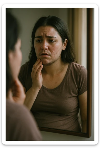 A realistic, cinematic portrait of a young woman in her late 20s standing in front of a mirror, visibly concerned while touching her chin and jawline where small dark facial hairs are noticeable, indicating hirsutism. Her skin appears oily, with a few cystic acne spots on her cheeks and jaw, and her dark hair is slightly greasy, indicating increased sebum production due to androgen excess. Her body shows mild abdominal bloating, and she looks at herself with a mix of frustration and sadness, capturing the emotional struggle linked to PCOS. The scene is set in a softly lit bedroom or bathroom with neutral daylight, with a clear mirror reflection to emphasize self-observation and discomfort. Style: realistic 35mm cinematic look, soft focus on her face and hair details, warm tones to keep it human and relatable sticker