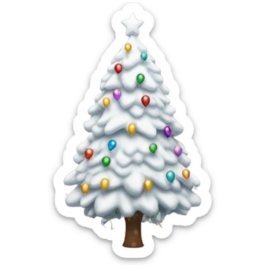 A white snow-covered Christmas tree beautifully decorated with balloons and a garland sticker
