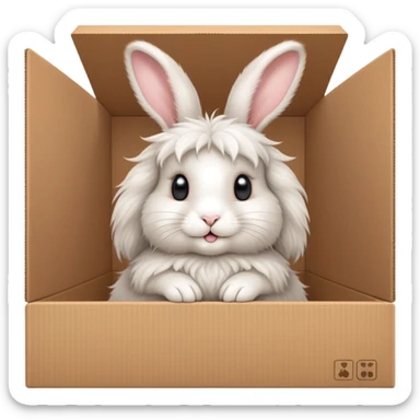  A very cute young Angora long rabbit  with one's head tilted to one side poked its paws out of the cardboard big box and placed them on top of it sticker