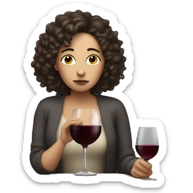 Sad White Woman with curly dark brown hair drinking wine sticker