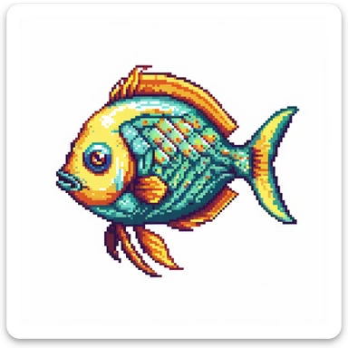 Tropical colorful fish for Minecraft inventory, eye pointing down-left at 45-degree angle, square texture, pixel art game asset sticker