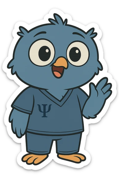 Make the baby owl wearing a bluish psychology scrub look more commercial and attractive to attract clients: add a big smile, bright and expressive eyes, friendly posture, and welcoming gesture, in a cartoon style, transparent background. sticker