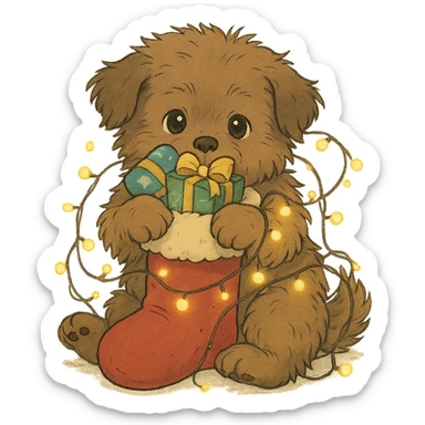 a fluffy brown puppy holding a Christmas stocking full of gifts and tangled in fairy lights, Ghibli style sticker