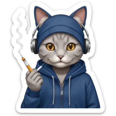 cat in headphones, in a dark-blue almost black oversized hoodie with a cigarette in his hand sticker