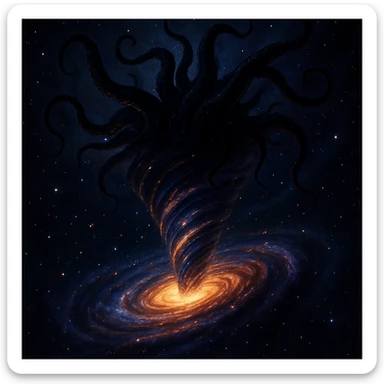 A galactic vortex shaped like a tornado, with dark, twisting tentacles of an ancient cosmic entity reaching out from the top, set against a starry background sticker