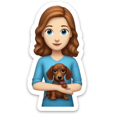 White girl with brown hair and blue eyes holding a red dachshund  sticker
