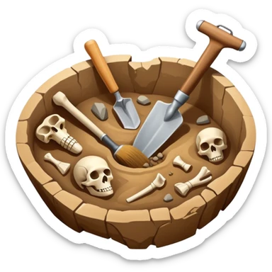 An icon featuring an excavation site with a trowel and ancient artifacts, like pottery and bones, scattered around. The design includes a partially uncovered fossil and a digging brush, symbolizing the discovery of history through archaeology. Transparent background  sticker