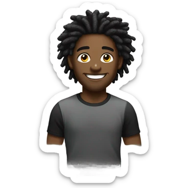 Black guy with black and white short fluffy dreadlocks, and black t-shirt, smiling sticker