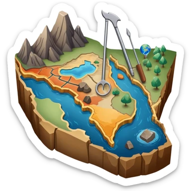 An icon featuring a crowbar and a geological map, and layers of Earth’s crust, symbolizing geology. The design includes mineral samples, fossils, and tectonic plates, representing the study of Earth’s structure and natural processes. Transparent background highlights geological exploration sticker