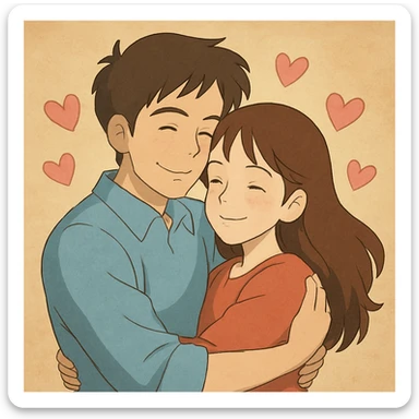 Transform this man and woman into a loving couple in Ghibli style, hugging with hearts around them sticker