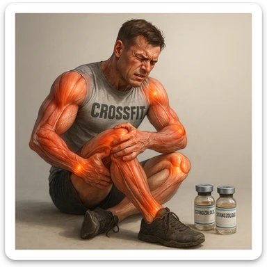 realistic and anatomical crossfit athlete with joint problems all over the body, detailed muscles and joints, pained expression, vials of 'Stanozololo' nearby, natural light, neutral background sticker