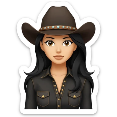 hot tanned woman with long black hair cowgirl style wearing black outfit sticker