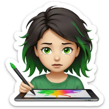 emoji holding and drawing on tablet using a stylus, looking down at screen in frustration, female, messy dark hair, green eyes, alternative/grunge style, screen slightly visible with splashes of color like a paint palette  sticker