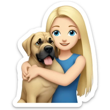 Blonde girl with blue eyes hugging an english mastiff dog sticker