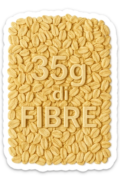 FIOCCHI DI AVENA VISTI DALL'ALTO E LA SCRITTA "35g di FIBRE" IN RILIEVO, IPERREALISTICO 4K sticker
