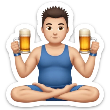 big slavic guy sitting in yoga pose, spiky short dark hair, holding beer mugs in two hands sticker