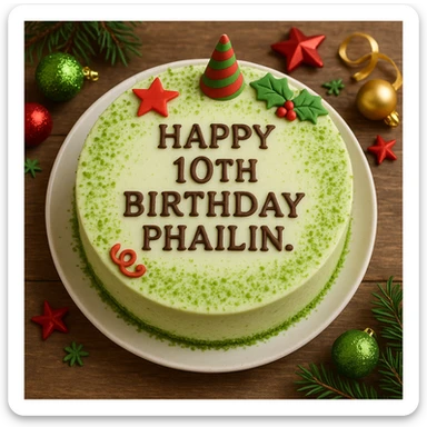 A round matcha white chocolate cake with green sprinkles, cake on a plate, festive decorations, clear and colorful, 'Happy 10th Birthday Phailin.' written in bold letters on the cake. sticker