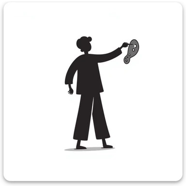 A paintbrush morphing into a metal human figure silhouette, representing artistic identity sticker