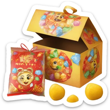 Traditional russian new year sweet gift box with handles with russian candies in wrappers for kids sticker