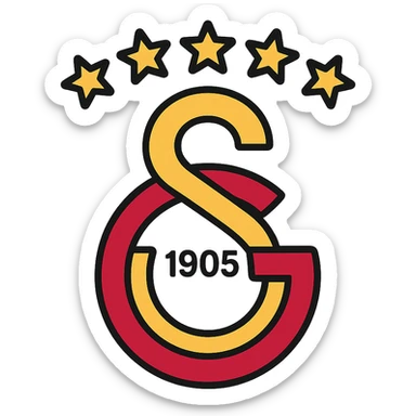 Galatasaray emblem with 5 stars on top, classic yellow and red colors, modern and clear logo style, no background sticker