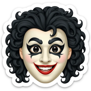 generate theatre mask emoji with a big curly black hair 

wide black smile, long and pointy white nose, pitch black eyes sticker