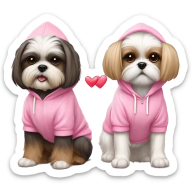 one very cute shih tzu girl and one maltaise dog wearing a pink hoodie with hearts sticker