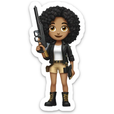 Tan girl with black curls, holding a black and gold gun ￼ sticker