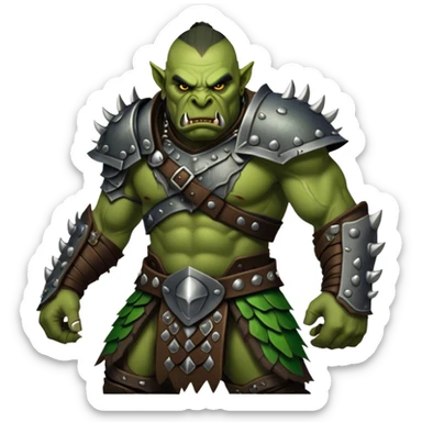 Cinematic Realistic WoW Orc Warrior Portrait, captured in a dynamic, battle-ready stance, muscles bulging beneath intricately detailed tribal armor accented with dark leather and iron. His fierce, determined eyes and battle-scarred green skin are rendered with dramatic natural lighting and high shine, exuding raw, relentless fury in a fierce combat pose. sticker