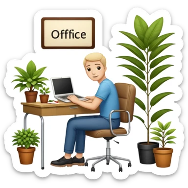 imagen de oficina con escritorio, silla, notebook, agenda y una plata con un cartel que diga FUERA DE OFICINA sticker