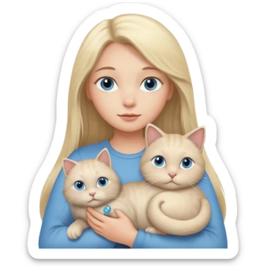blonde girl with long blonde hair and blue eyes with chubby gray cat sticker