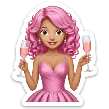 One lady with long pink curled hair and tan skin holding a glass of  pink champagne in each hand sticker