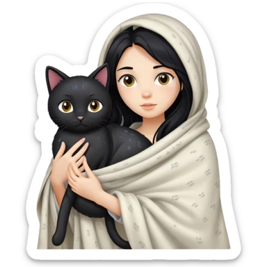 A girl with fair skin, long black hair, just got out of the shower, wrapped in a blanket and holding a black cat sticker