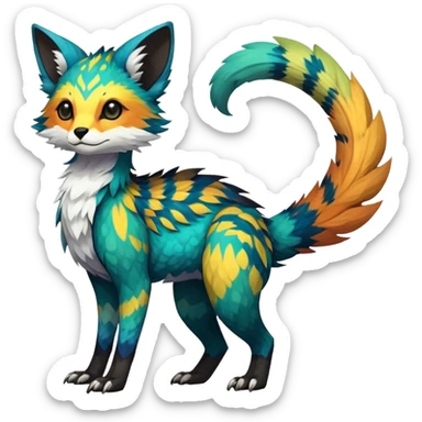 Rare realistic exotic edgy epic pretty beautiful handsome gorgeous aesthetic colorful vibrant Vernid-Trico-species-Fakemon-creature by LiLaiRa, 4 legs, 1 tail, random markings, (full body) sticker