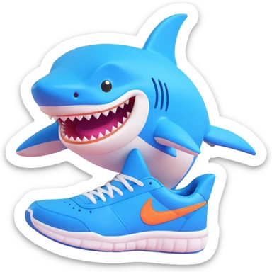 cartoon shark with bright blue Nike sneakers, smiling sticker