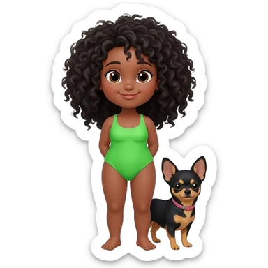 Une fille. Cheveux bouclée. Porte à maillot. Vert. Avec un chihuahua noir marron poil courut c'est une fille daisy et pour finir par apprend dans les brastous les 2. Avec sa maîtresse avec. Et moi mmatichienne sticker