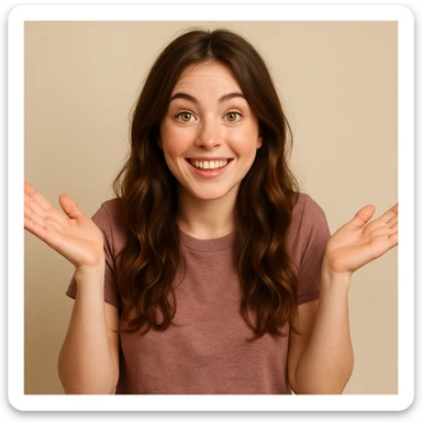 girl with long brown wavy hair, green eyes, shrugging, cheerful expression, upper body, simple background sticker