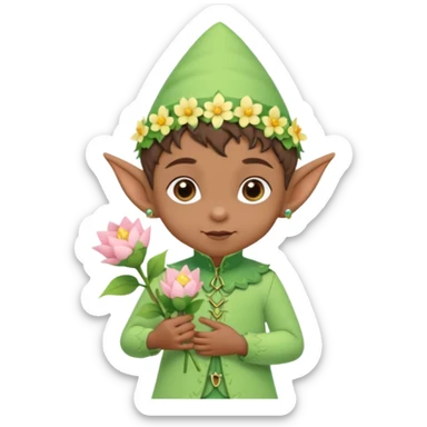 Tiny elf baby brown skin with pointy ears and hat, pastel green outfit, hold flowers sticker
