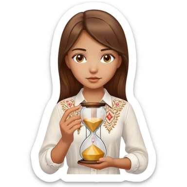 A Ukrainian girl with brown hair wearing a white embroidered shirt holds an hourglass in her hands sticker