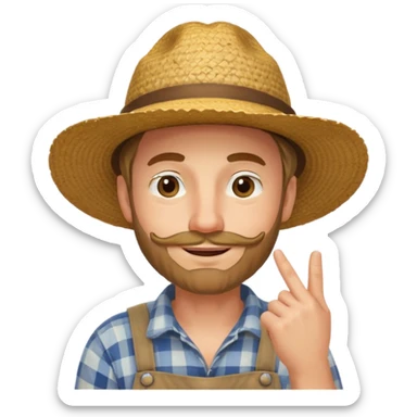 “A single emoji-style character combining 👨‍🌾😄 and 🤔: a smiling farmer man with a straw hat, friendly face, and light beard, holding one hand under his chin in a thinking gesture. His index finger rests under his face, eyes looking slightly upward as if thinking.  sticker