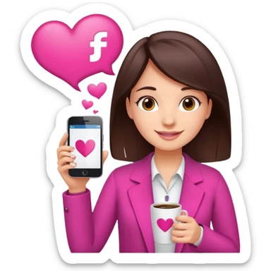 Social media manager. She has dark brown hair, brown eyes, a friendly smile. She is holding a smartphone and a coffee cup. Include subtle marketing elements like small icons of hashtags or a speech bubble with a heart. Use vibrant colors with a focus on pink and fuchsia tones. sticker