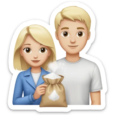 Blonde guy and blonde girl holding a bag of white powder sticker