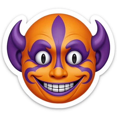 Juggalo smiley face that is Perfectly round and hairless with elaborate but symmetrical lined face paint that is orange bordered by dark purple sticker