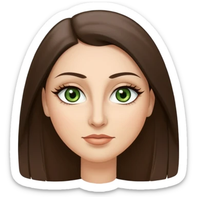 40 year old Adult woman avatar, light skin tone, oval face, long straight ashy brown hair, green almond-shaped eyes with dramatic eyelashes and minimal eyeliner, neutral mouth, medium straight eyebrows, small nose, smooth skin sticker
