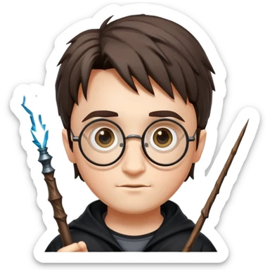 harry potter with round glasses, lightning scar, and wand sticker