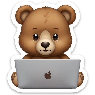 “A cute brown teddy bear using a laptop. Simple, cartoon style, focused expression.” sticker