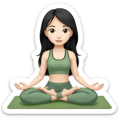 long black hair and brown eyes yoga beautiful girl in sage green clothes sitting on a yoga mat sticker