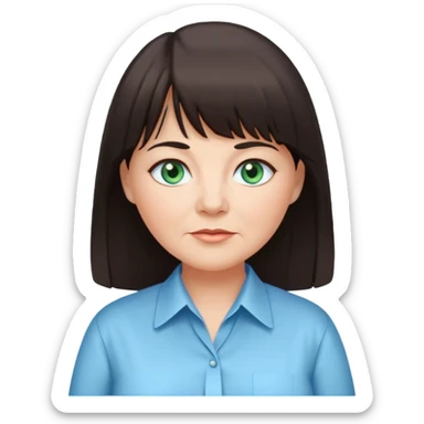 60 yr old woman, blue green eyes, long straight dark brown hair, business shirt, chubby, bangs sticker