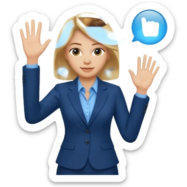 Make emoji of business woman with light skin and medium blonde hair in a dark blue business suit and light blue shirt waiving to new clients sticker