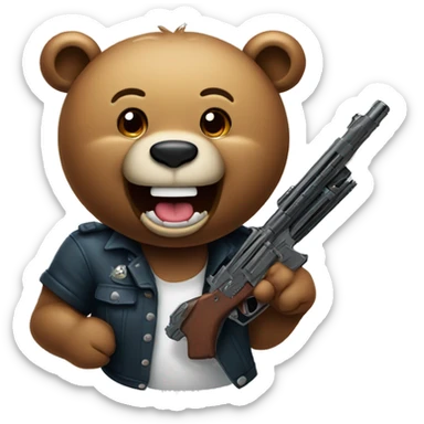 bear smiling with grillz on his teeth with a gun in his hand sticker